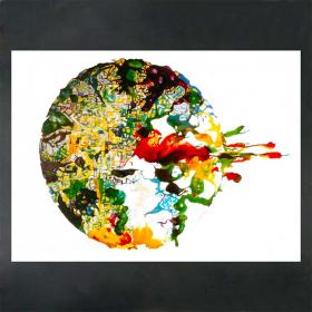 Angelo Rinaldi, "Esplosione - Virus", vernici su perpex, h.cm.250x350, anno 1987, pubblicato, esposto in evento culturle nel 1988