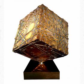 Angelo Rinaldi, Mark, scultura cubica in bronzo dorato con elementi in rilievo,cubo rotante su base, cubo h.cm.21x21, anno 1999