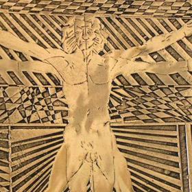  Angelo Rinaldi, Vitruvian man, scultura in bronzo a lieve stacciato con base in ottone, h. cm.50, anno 1998