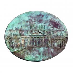 Angelo Rinaldi,Villa Pisani e le attivita produttive di Stra, scultura a due facciate in bronzo patinato, su basamento in cemento, collacata nella piazza  centrale del Comune di Stra,Venezia