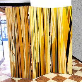 Angelo Rinaldi, "omaggio a Paolo Uccello", Paravento in legno tamburato dipinto a smalti sulle due facciate con soggetto geometrico, h.cm.180,5x60x2,5, anno 1990, unico esemplare