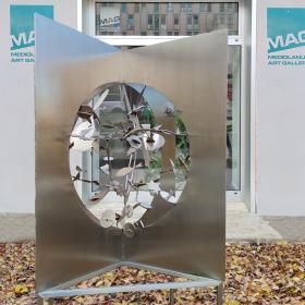 Angelo Rinaldi, Big Galaxy, scultura inacciaio stinato a mano, h.cm. 220x 130x130,anno 2010