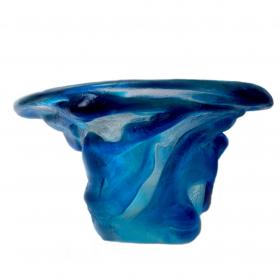 Angelo Rinaldi,  "Alghe", vaso scultura in vetro massello trasparente sovrapposizione di vetro celeste irregolare in rilievo su tutta la superfice, superficie acidata,  h. cm. 18x34,5x32, firma incisa, 1965.