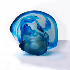 Angelo Rinaldi,  "Alghe", vaso scultura in vetro massello trasparente sovrapposizione di vetro celeste irregolare in rilievo su tutta la superfice, superficie acidata,  h. cm. 18x34,5x32, firma incisa, 1965.