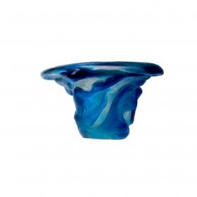 Angelo Rinaldi,  "Alghe", vaso scultura in vetro massello trasparente sovrapposizione di vetro celeste irregolare in rilievo su tutta la superfice, superficie acidata,  h. cm. 18x34,5x32, firma incisa, 1965.