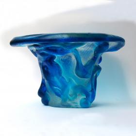 Angelo Rinaldi,  "Alghe", vaso scultura in vetro massello trasparente sovrapposizione di vetro celeste irregolare in rilievo su tutta la superfice, superficie acidata,  h. cm. 18x34,5x32, firma incisa, 1965.