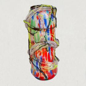 Angelo Rinaldi, Liane, Vaso Scultura  in vetro soffiato di Murano, vetri policromi a rilievo e sommersione di pasta di vetro policroma, h. cm.43x22x20, firmato e datato 1964