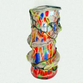 Angelo Rinaldi, Liane, Vaso Scultura  in vetro soffiato di Murano, vetri policromi a rilievo e sommersione di pasta di vetro policroma, h. cm.43x22x20, firmato e datato 1964