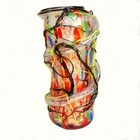 Angelo Rinaldi, Liane, Vaso Scultura  in vetro soffiato di Murano, vetri policromi a rilievo e sommersione di pasta di vetro policroma, h. cm.43x22x20, firmato e datato 1964