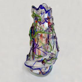 Angelo Rinaldi, Liane, Vaso Scultura, in vetro soffiato di Murano , vetri policromi  sovrapporti a rilievo e sommersione di pasta di vetro policromo, h. cm. 40x21x21, firmato e datato 1965