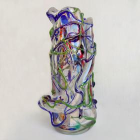 Angelo Rinaldi, Liane, Vaso Scultura, in vetro soffiato di Murano , vetri policromi  sovrapporti a rilievo e sommersione di pasta di vetro policromo, h. cm. 40x21x21, firmato e datato 1965