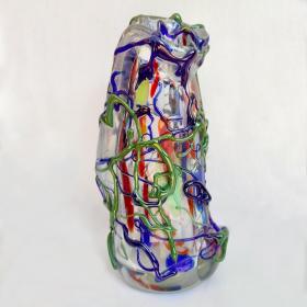 Angelo Rinaldi, Liane, Vaso Scultura, in vetro soffiato di Murano , vetri policromi  sovrapporti a rilievo e sommersione di pasta di vetro policromo, h. cm. 40x21x21, firmato e datato 1965