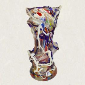 Angelo Rinaldi, Liane, Vaso Scultura, in vetro soffiato di Murano , vetri policromi  sovrapporti a rilievo e sommersione di pasta di vetro policromo, h. cm. 40x21x21, firmato e datato 1965