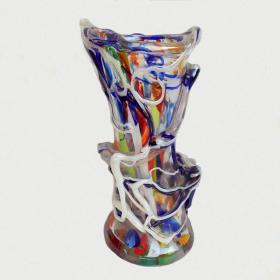 Angelo Rinaldi, Liane, Vaso Scultura, in vetro soffiato di Murano , vetri policromi  sovrapporti a rilievo e sommersione di pasta di vetro policromo, h. cm. 40x21x21, firmato e datato 1965