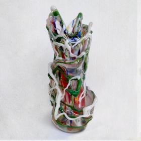 Angelo Rinaldi, Liane, Vaso Scultura in vetro soffiato di Murano, vetri policromi a rilievo e sommersione di pasta di vetro policroma, h. cm.42x27x18, firmato e datato 1965