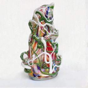 Angelo Rinaldi, Liane, Vaso Scultura in vetro soffiato di Murano, vetri policromi a rilievo e sommersione di pasta di vetro policroma, h. cm.42x27x18, firmato e datato 1965