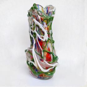Angelo Rinaldi, Liane, Vaso Scultura in vetro soffiato di Murano, vetri policromi a rilievo e sommersione di pasta di vetro policroma, h. cm.42x27x18, firmato e datato 1965
