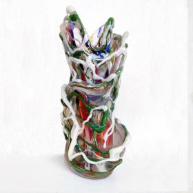 Angelo Rinaldi, Liane, Vaso Scultura in vetro soffiato di Murano, vetri policromi a rilievo e sommersione di pasta di vetro policroma, h. cm.42x27x18, firmato e datato 1965