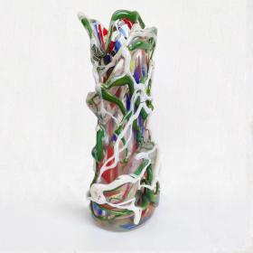 Angelo Rinaldi, Liane, Vaso Scultura in vetro soffiato di Murano, vetri policromi a rilievo e sommersione di pasta di vetro policroma, h. cm.42x27x18, firmato e datato 1965