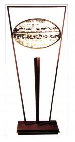  Angelo Rinaldi, Narciso, scultura in cristallo  e specchio, scolpiti,   cm.53,5x85, con struttura in acciaio patinato, dimensioni totali, h. cm. 230  anno1997